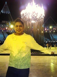 Padmraj Patil with the Olympic cauldron