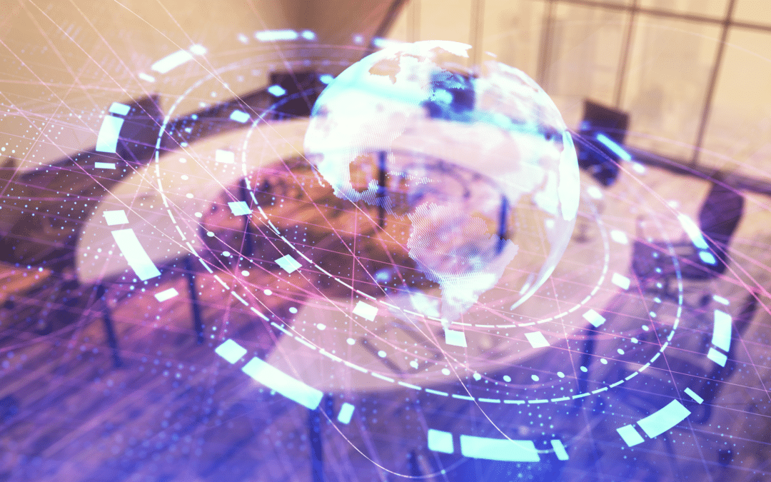 Double exposure of globe hologram on conference room background.