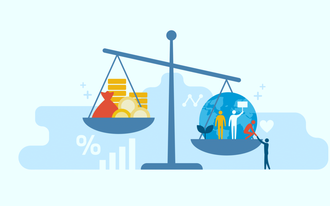 Weighing scales balancing money against people and the globe