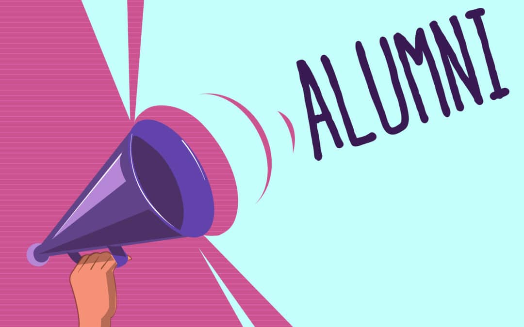 Hand holding a megaphone below the word 'Alumni'