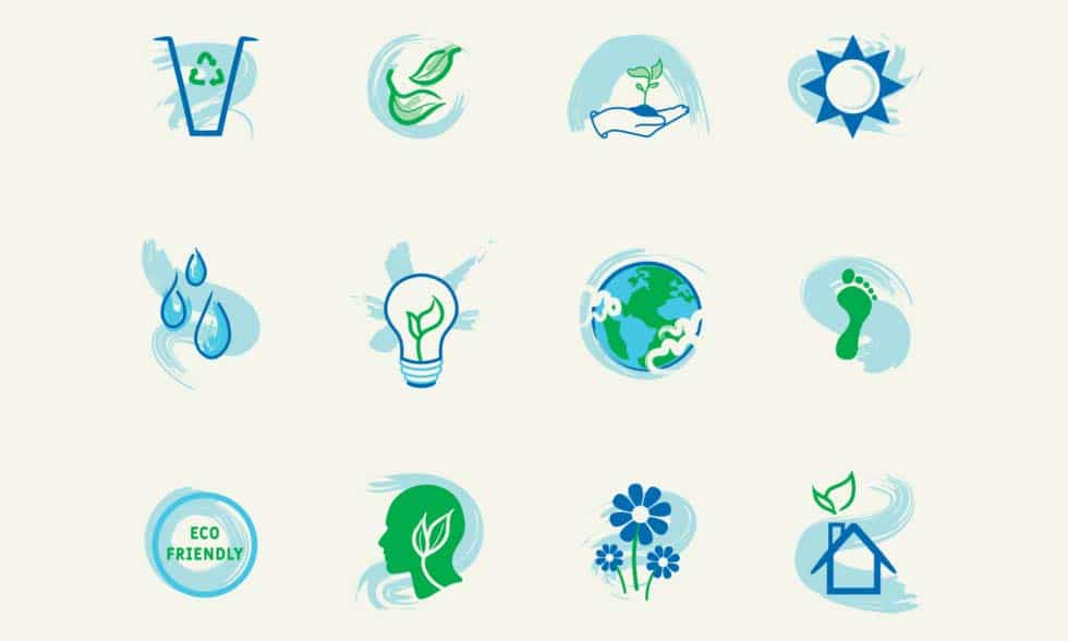 Blue and green climate action icons on off-white background.