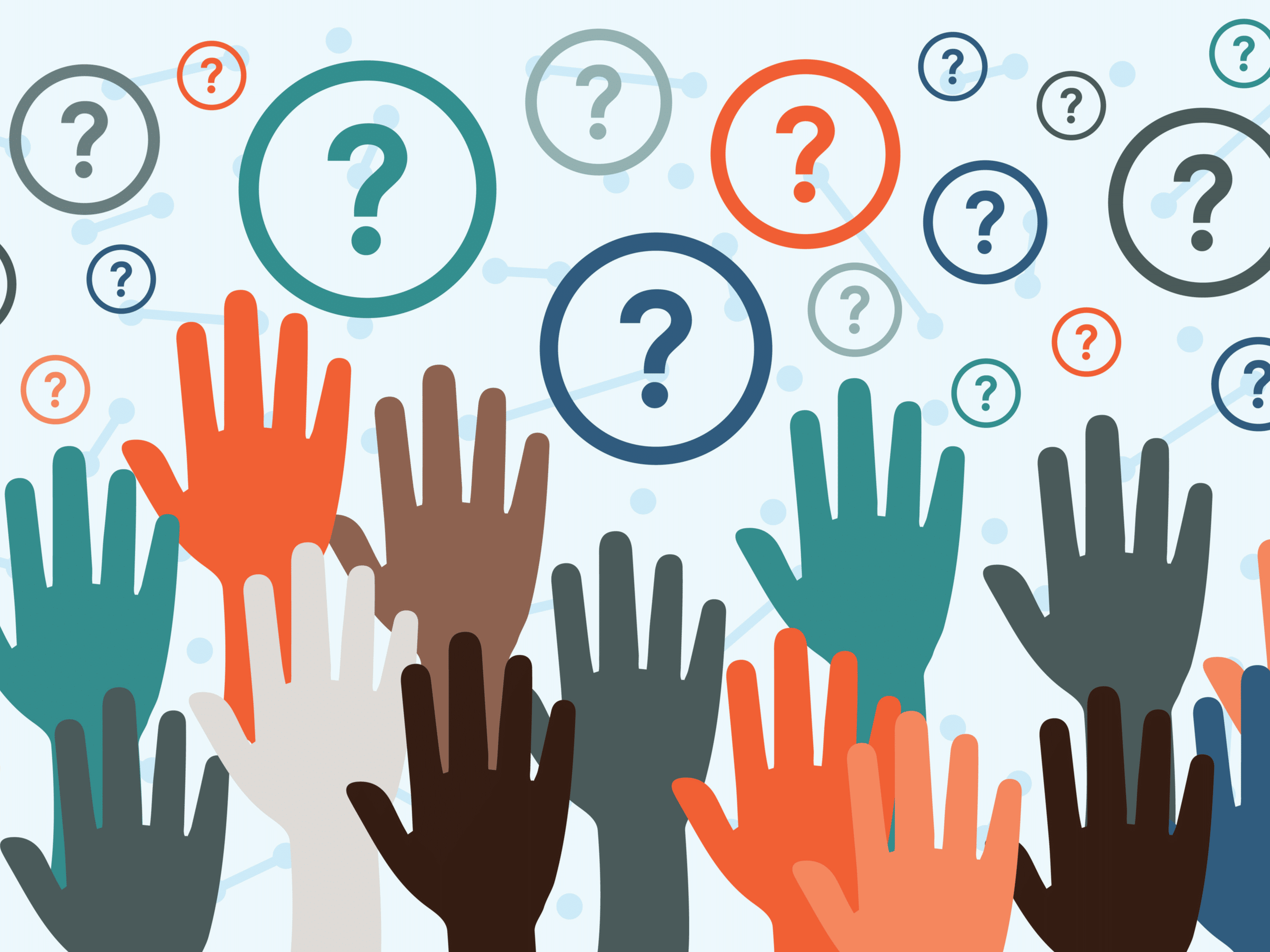 Colourful raised hands and question marks on blue background. 