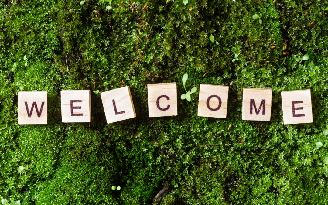 The word 'welcome' written on a background of moss in letters on wooden blocks.