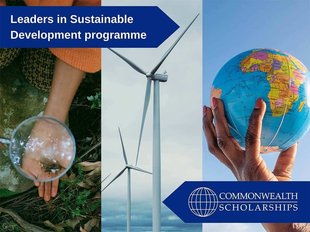 Close-up of hands holding plants and a globe and view of wind turbines.