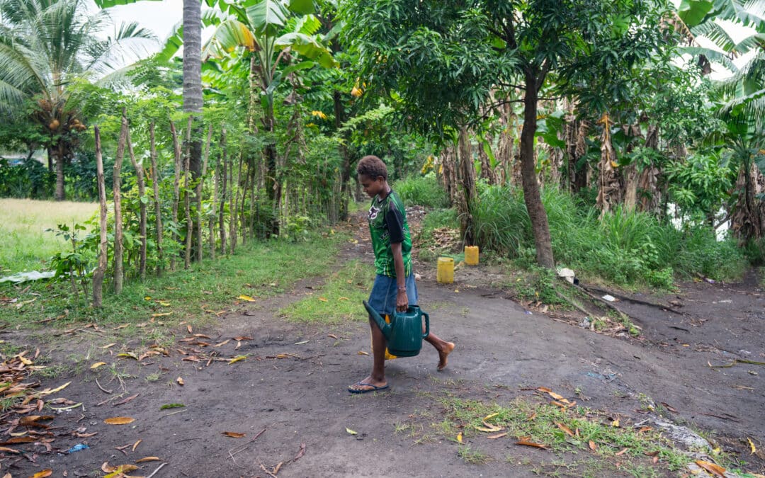 Photo of woman transporting water in PNG jungle