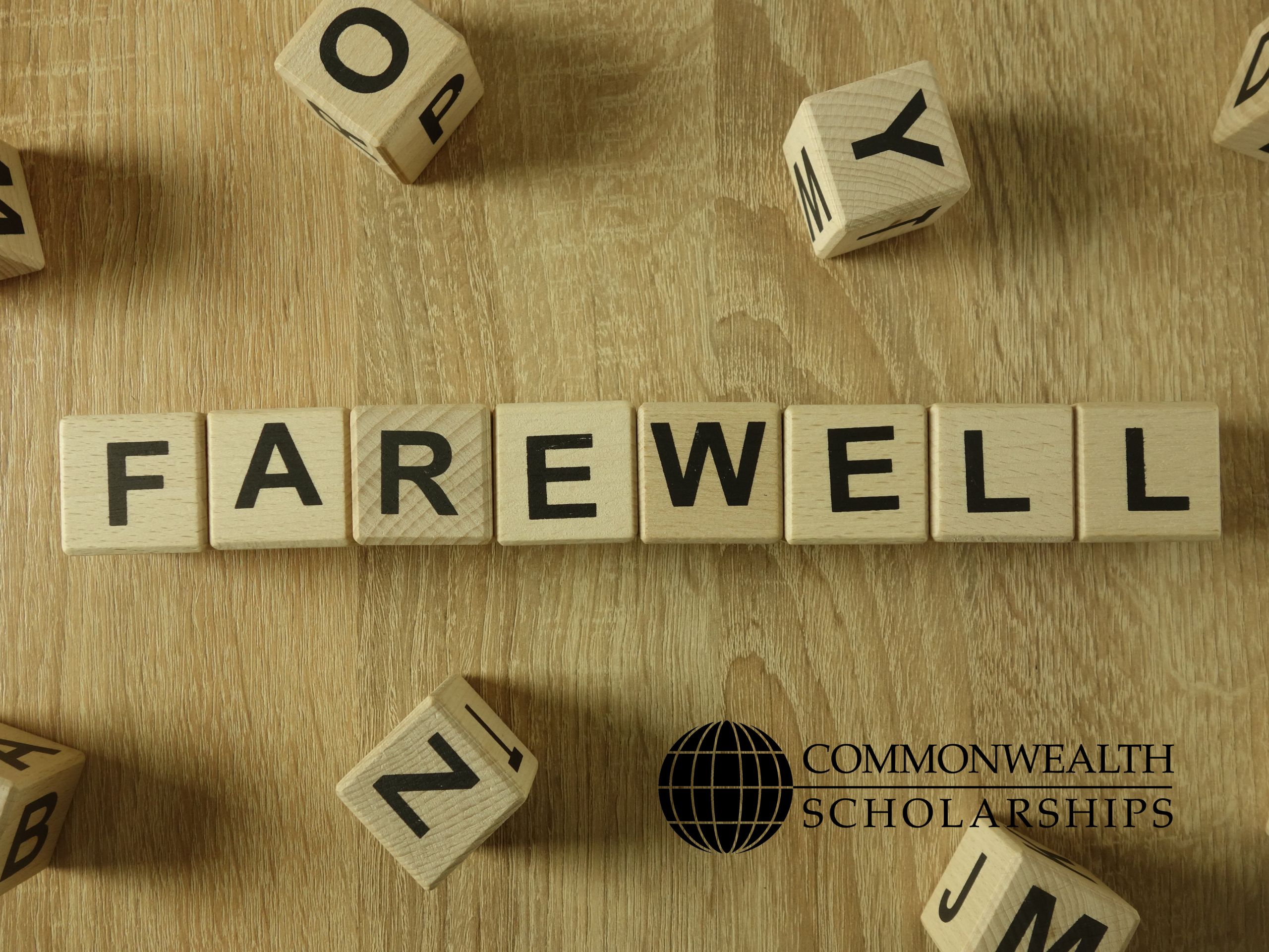 Wooden tiles with letters on a wooden table, reads 'Farewell'.