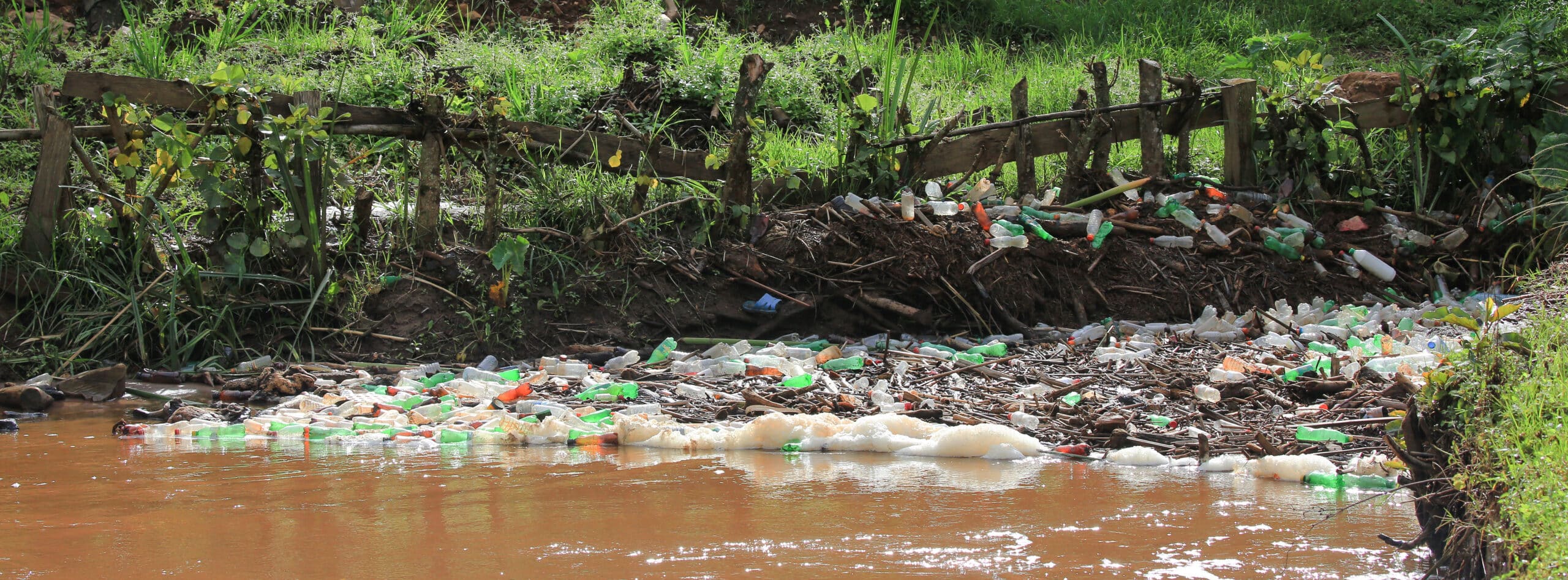 Plastic bottles on riverbend