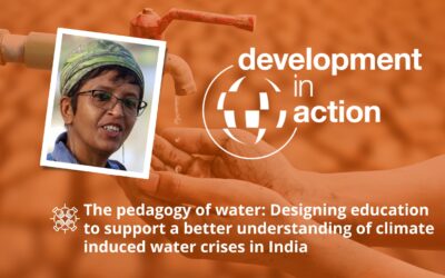 Headshot of Dr Mansee Bal Bhargava with text: 'The pedagogy of water: Designing education to support a better understanding of climate induced water crises in India'.