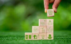 Building blocks featuring sustainable energy icons
