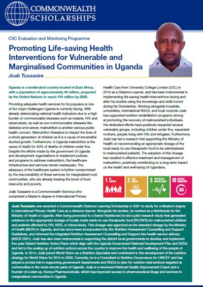 Front page of alumni case study 'Promoting Life-saving Health Interventions for Vulnerable and Marginalised Communities in Uganda'.
