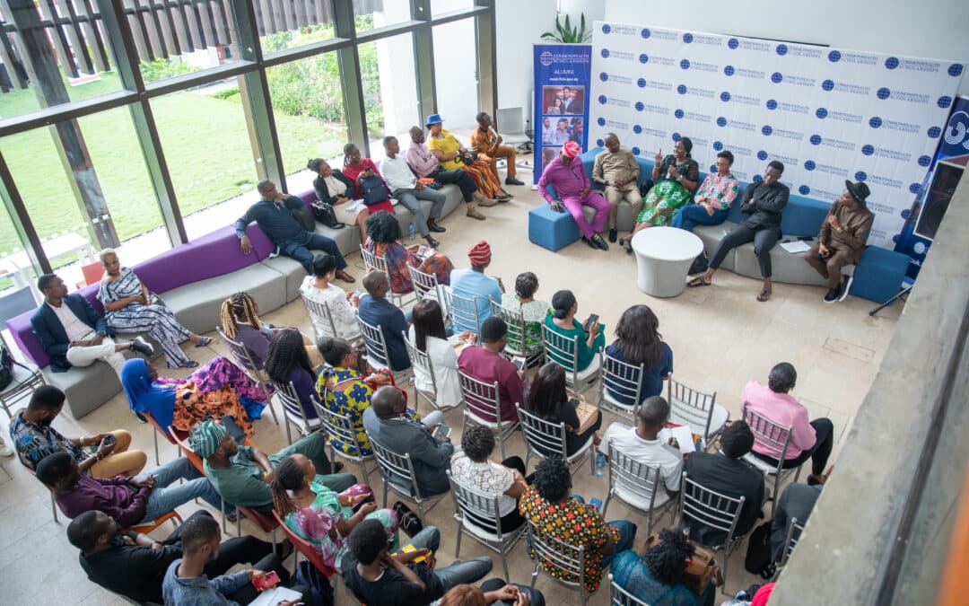 Aerial view of panel discussion and attendees