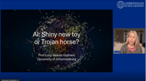 Screen shot of presenter and slides at online conference