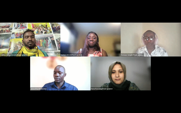 Screenshot of four panellist headshots